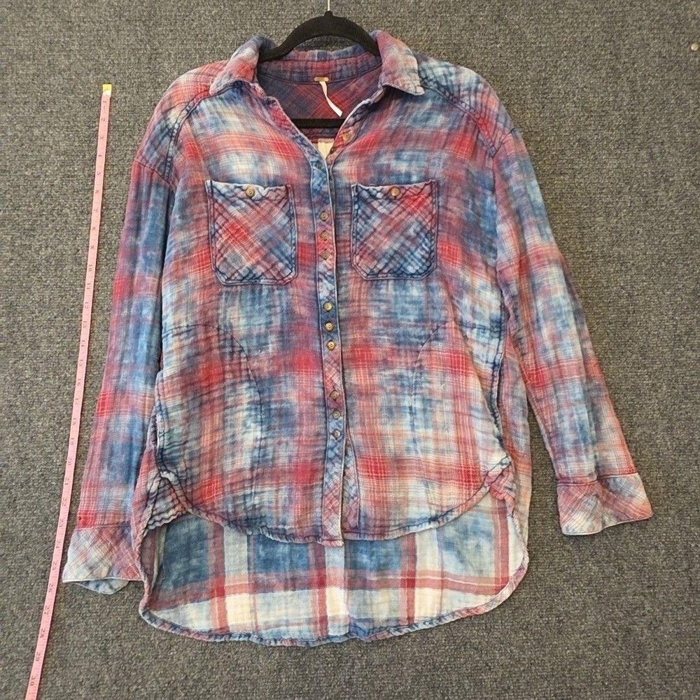 Free People Button Up Shirt Womens XS Multicolor Plaid Long Sleeve Tunic Top